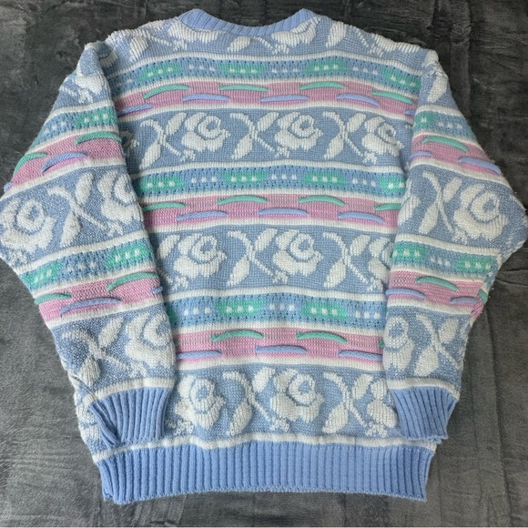 VTG 80s 90s Rose Textured 3D Knit Sweater Wms M NO SIZE TAG USA Pastel Glitter - Picture 5 of 14